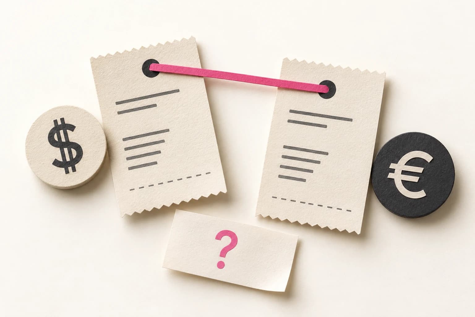 Separate paper transaction records and matching currency tokens are compared without merging them.