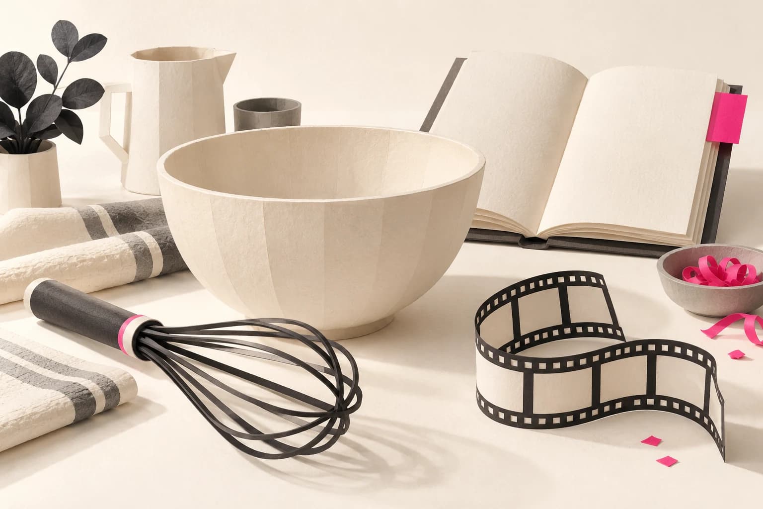 Paper bowls, a whisk and a recipe notebook sit beside a small film strip.