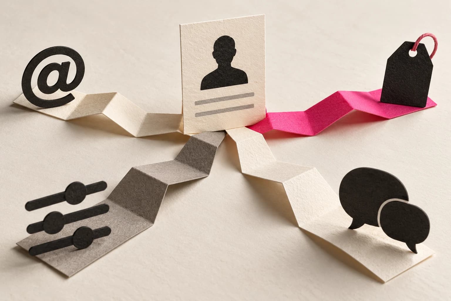 Four paper search paths converge on one abstract profile card.
