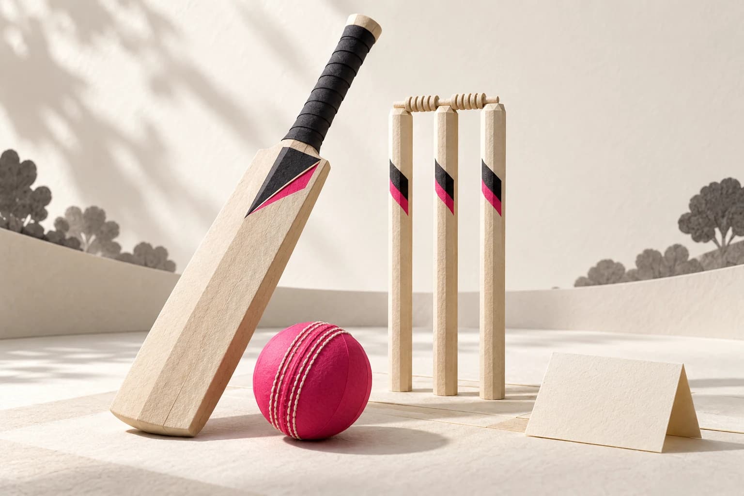 A paper cricket bat and ball rest beside three stumps with two bails and blank notes.