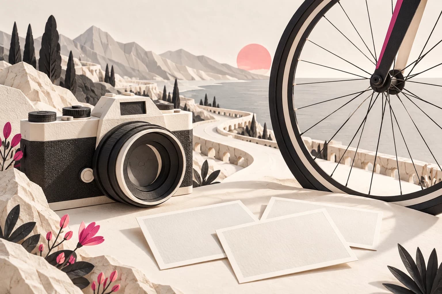 A paper camera with a round lens sits beside a road bicycle wheel and blank photo cards.