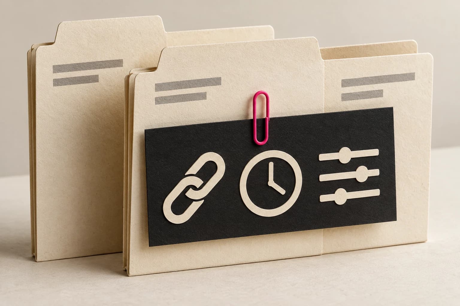 Three paper directory folders compared against a removable strip of link, clock and filter symbols.
