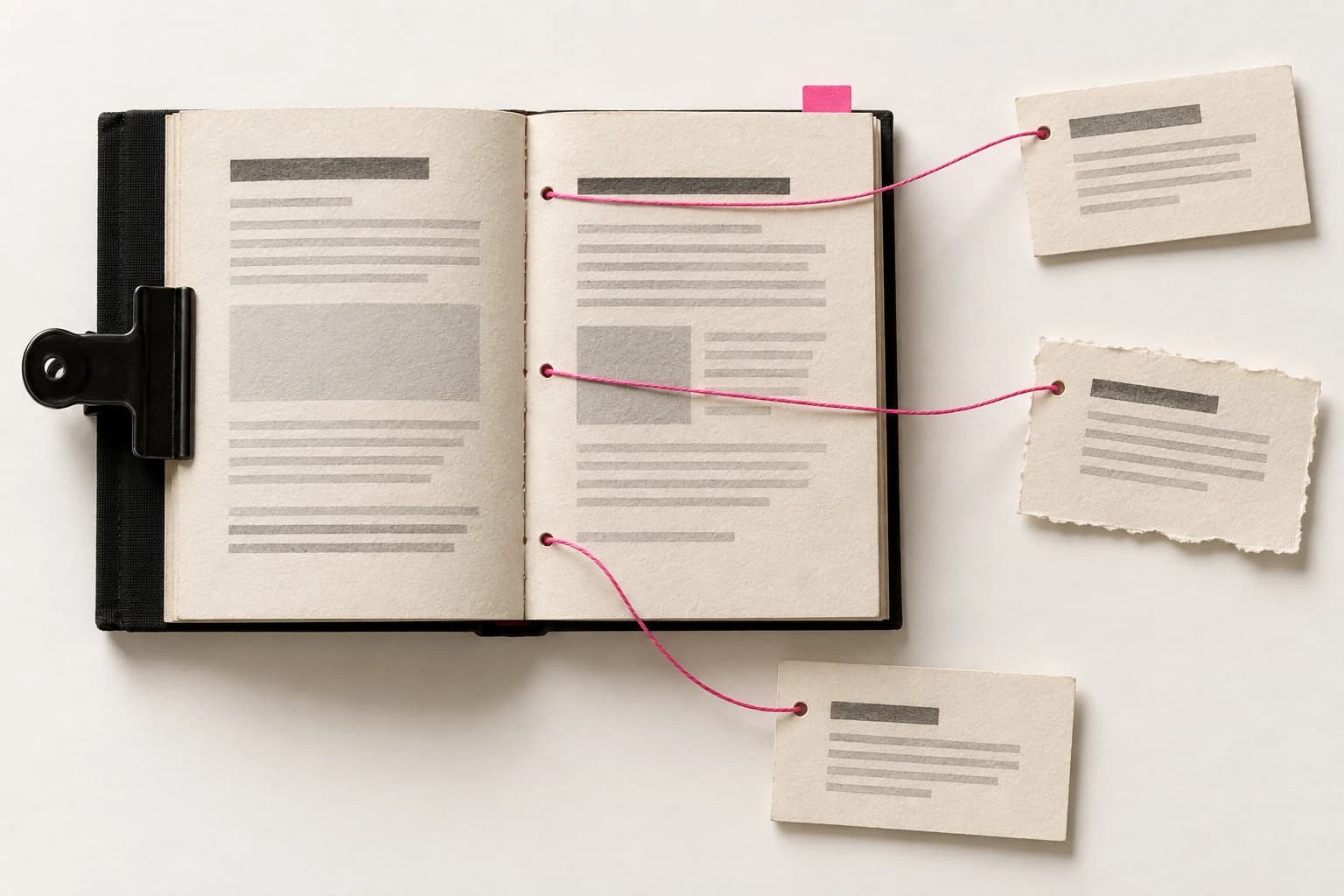 An open paper research folio connects three source slips with a pink thread.