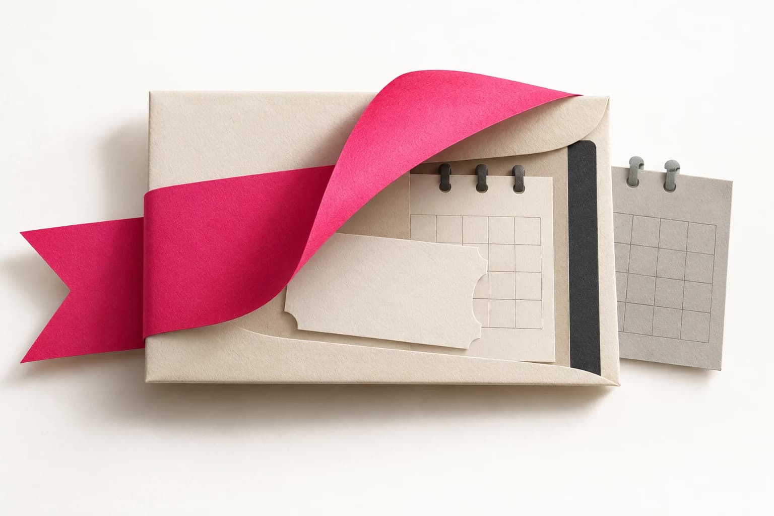 A folded promotional ribbon reveals the underlying offer and a separate later-period card.