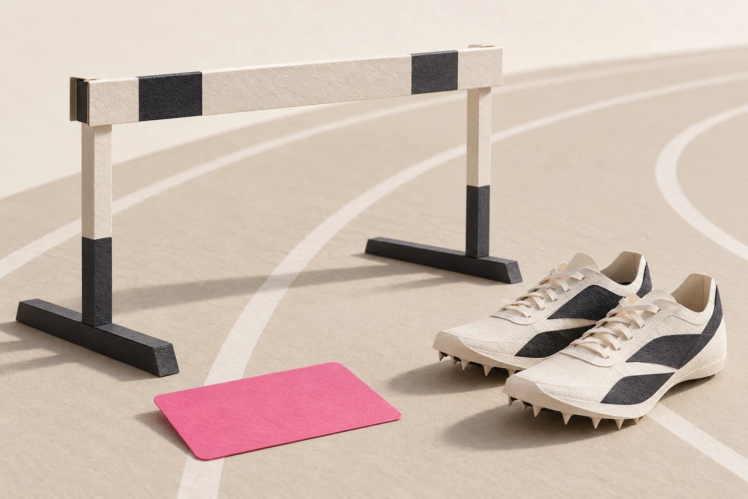 Paper running spikes and a single track hurdle sit over curved lane markings.