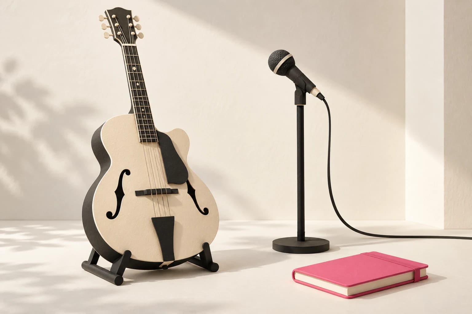 A hollow-body paper guitar and stand-up microphone rest beside a closed notebook.