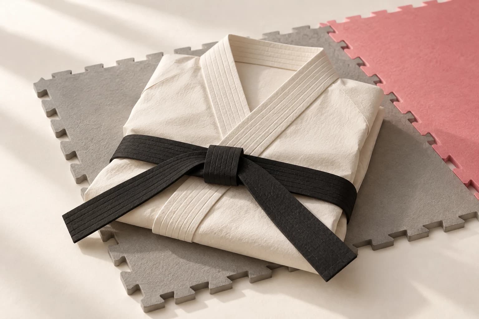 A folded paper karate jacket and tied black belt rest on layered practice mats.