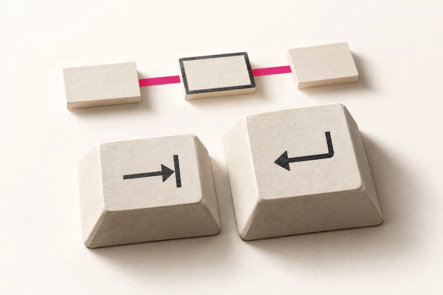 Large Tab-arrow and Return-arrow keycaps connect to a clear path through paper search cards.