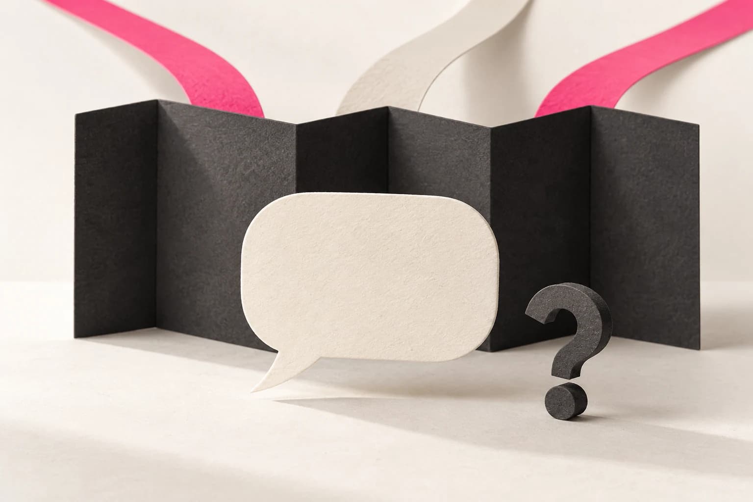 A speech bubble sits beyond a folded screen with several possible paths behind it.