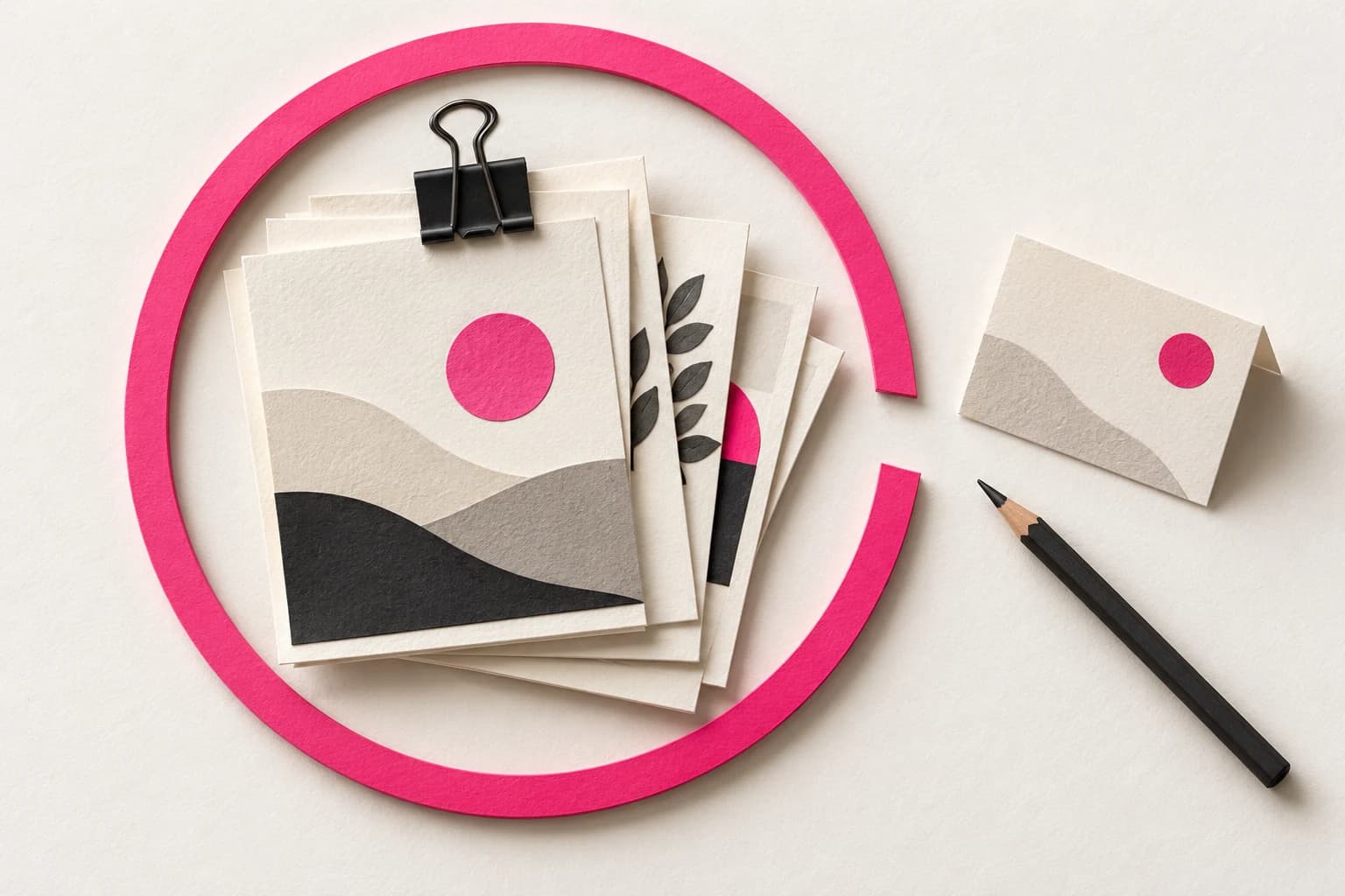 A pink boundary encircles a paper collection while a custom-work pencil remains outside.