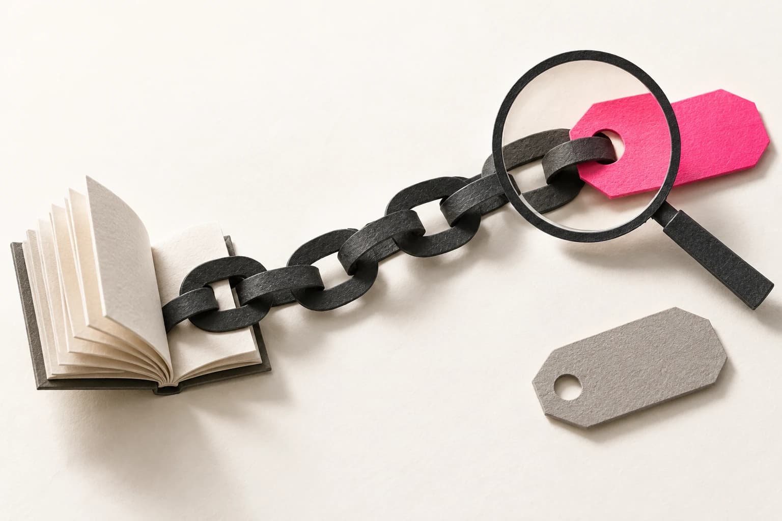 A continuous paper chain connects a source booklet to a destination marker.