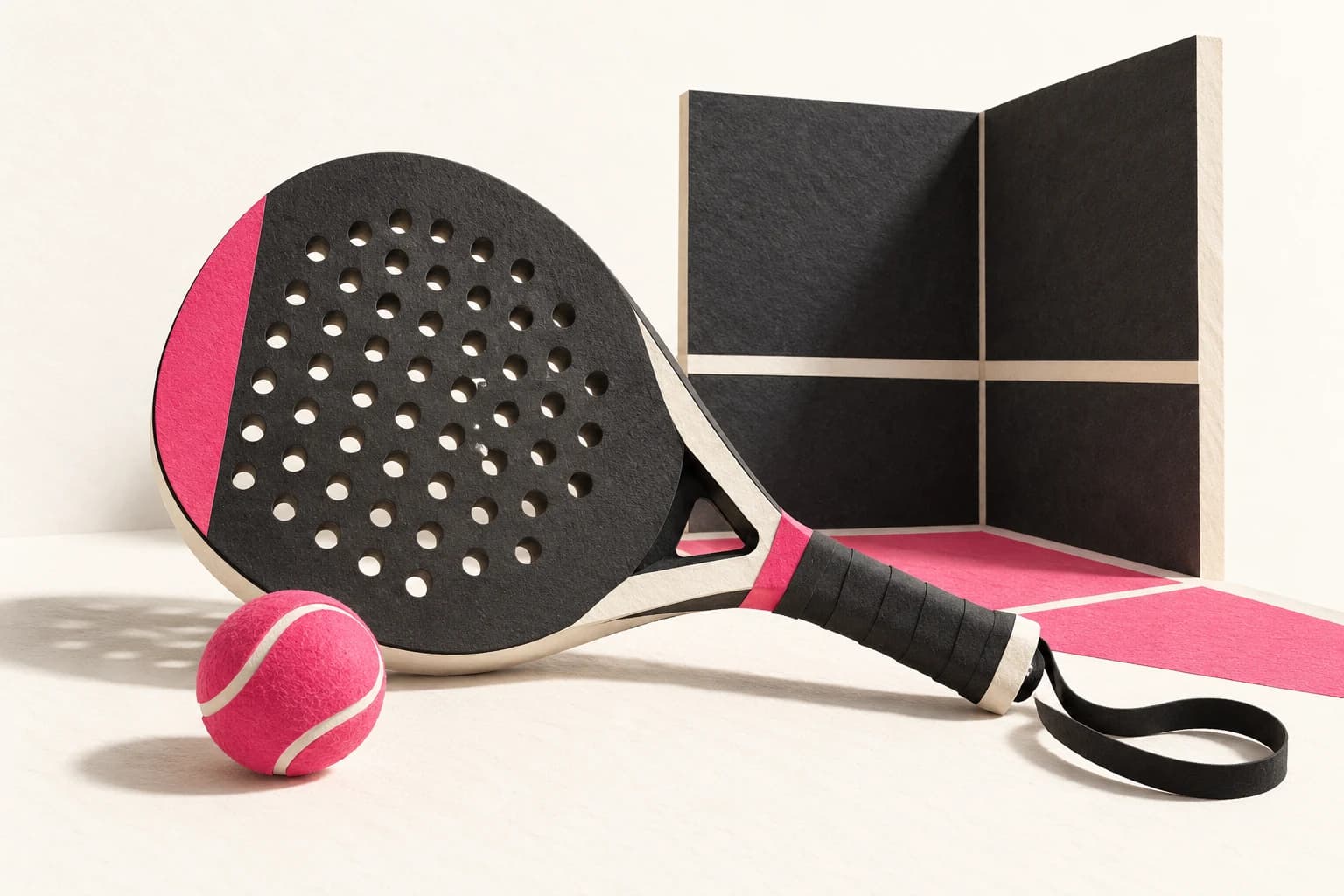 A perforated paper padel racket and ball sit beside a miniature court-wall panel.