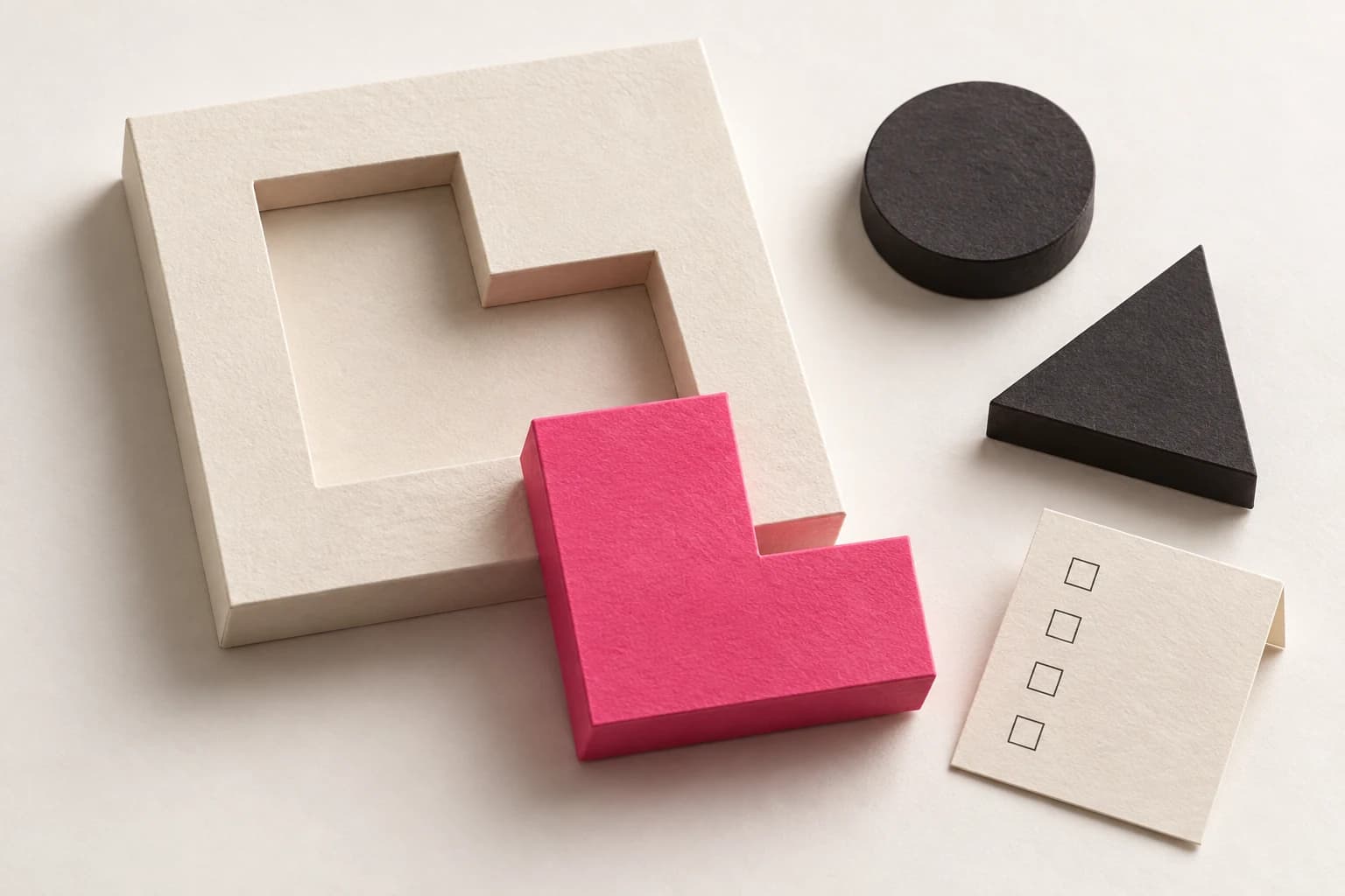 A pink stepped piece lies beside a matching paper frame and two different shapes.