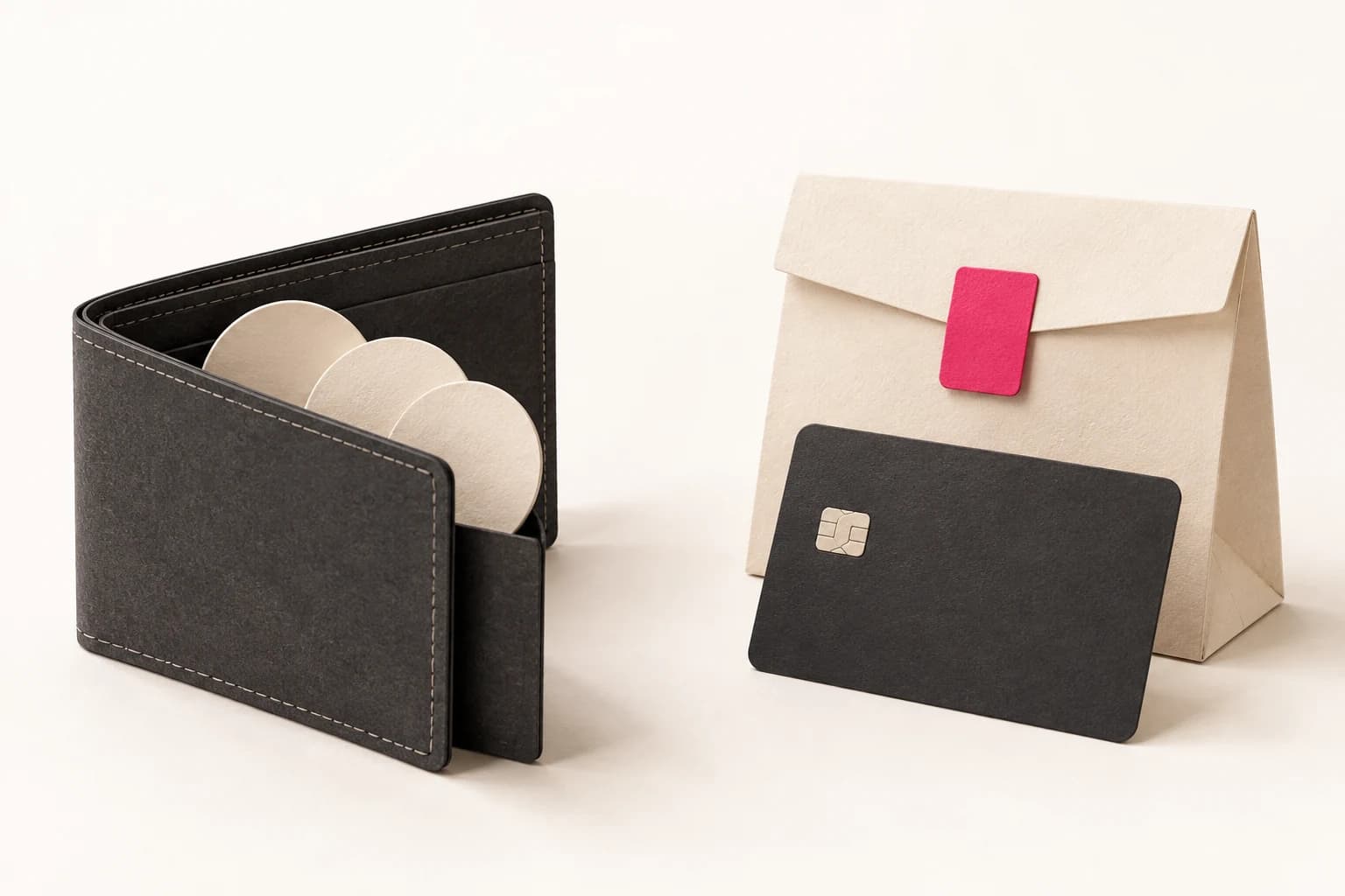 A paper wallet holds credit tokens beside a separate purchase packet and payment card.