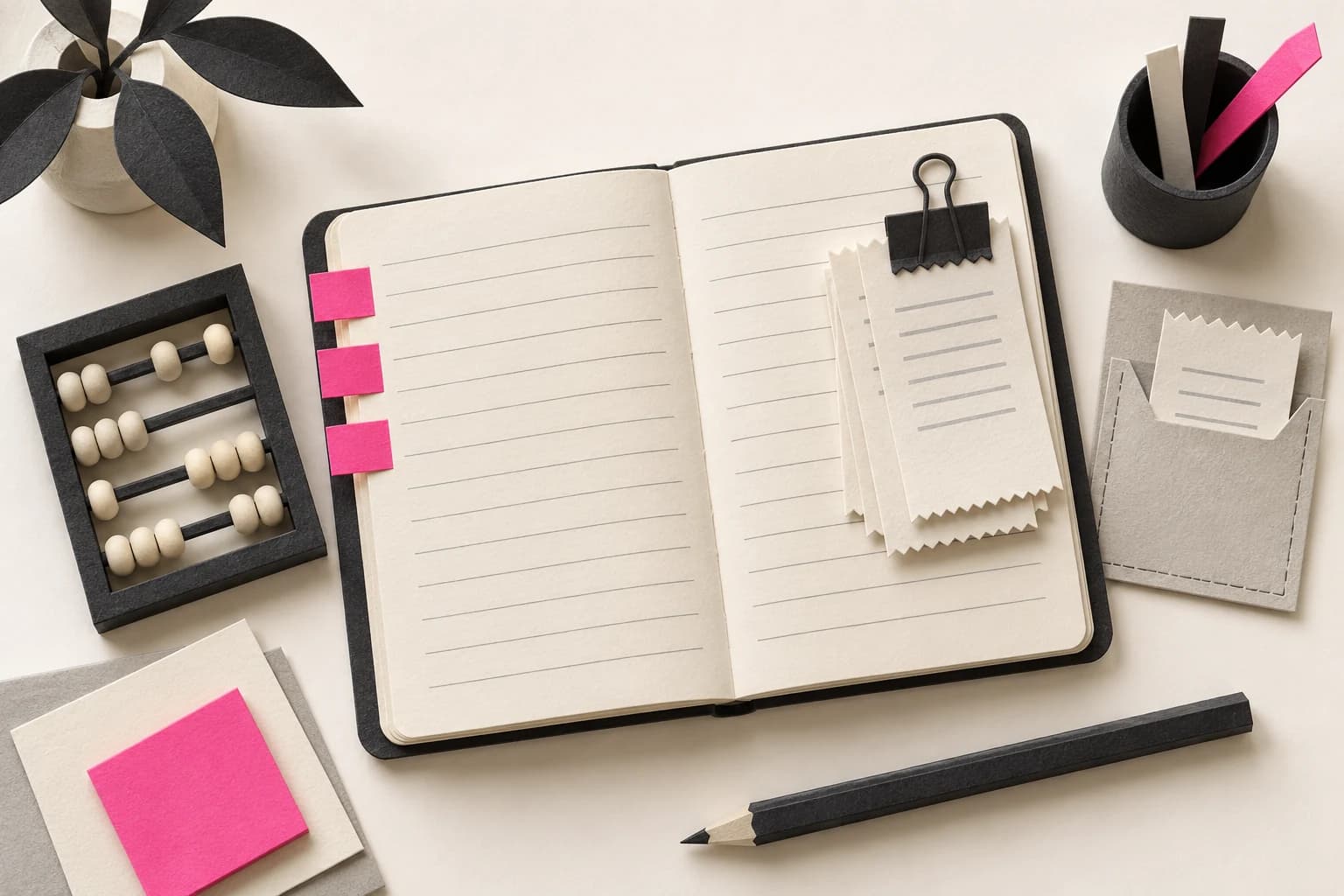 An open paper ledger separates planned tabs from recorded slips beside a simple counter.