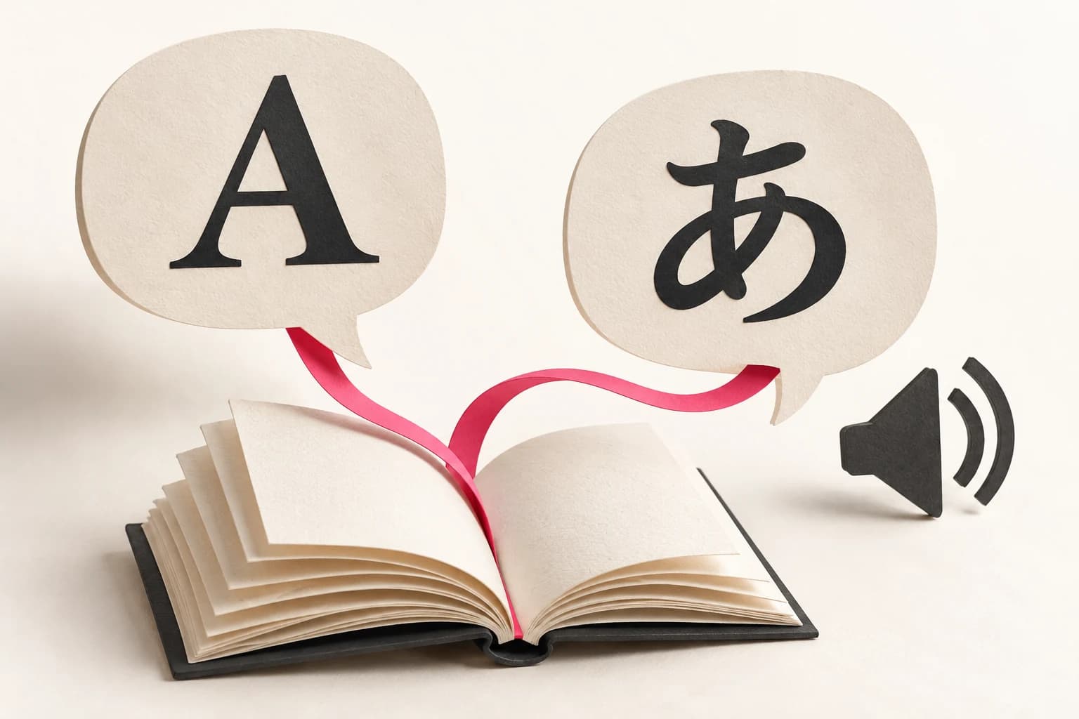 Paper speech bubbles bearing A and あ sit beside an open book and a listening symbol.