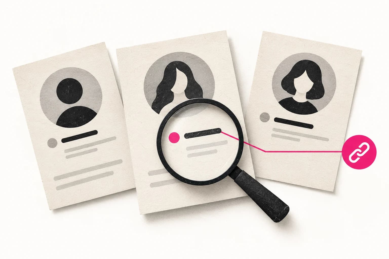A magnifying glass checks a public handle across three illustrated profile cards.