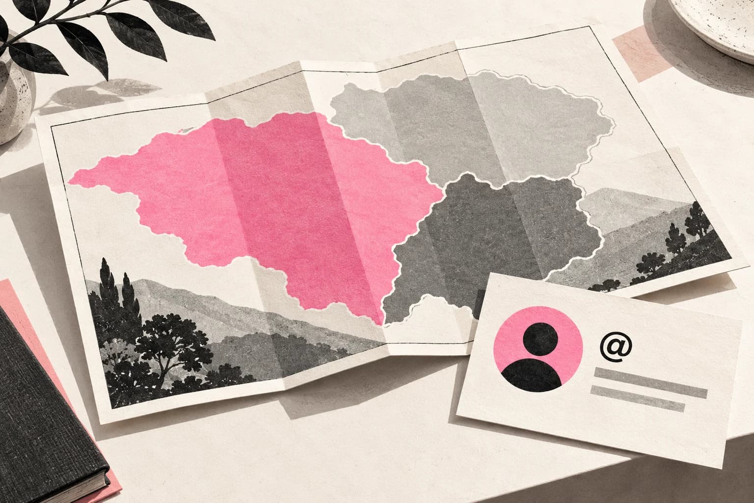 An abstract map highlights a broad region beside a public profile card.