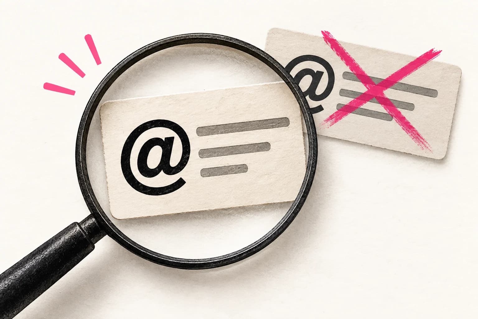 A magnifying glass checks one username tag while another tag is crossed out.