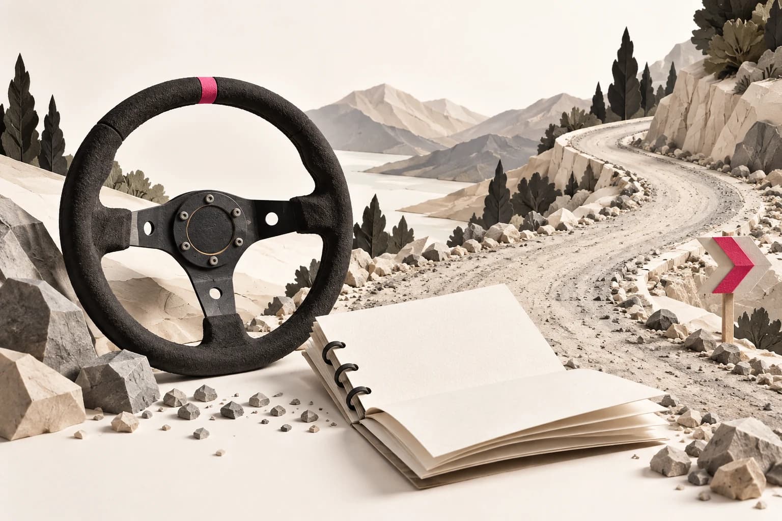 A paper steering wheel and folded route notebook rest beside a winding gravel road strip.