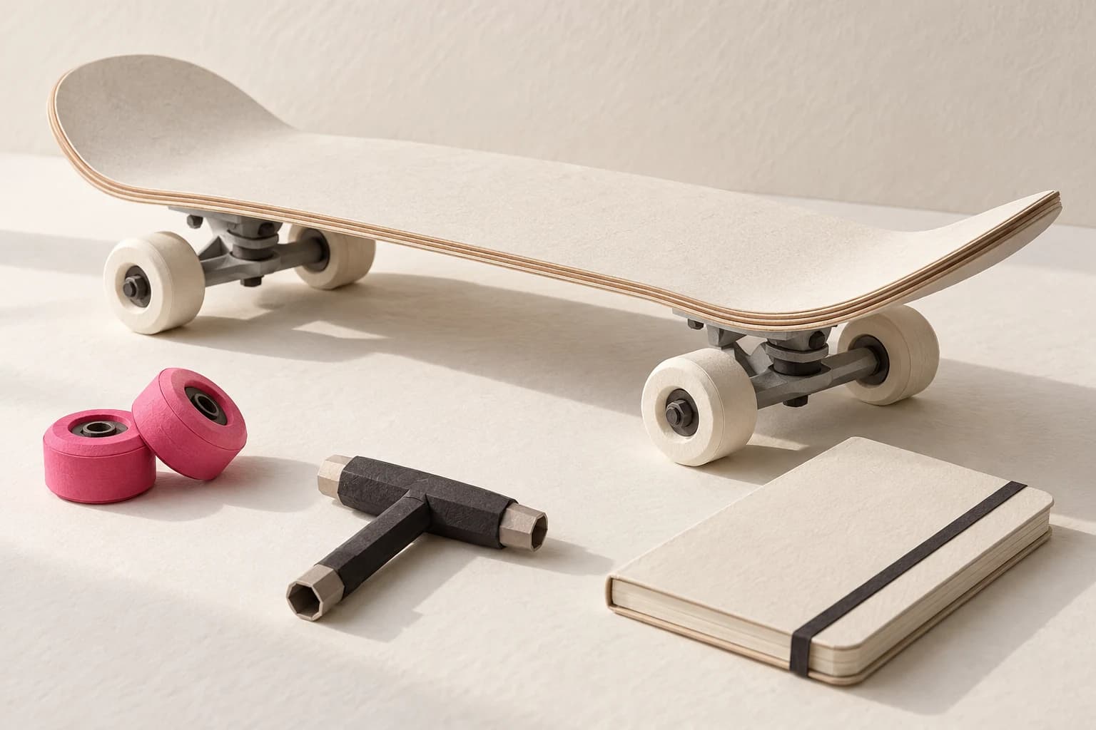 A paper skateboard sits beside spare wheels, a skate tool and a blank equipment notebook.