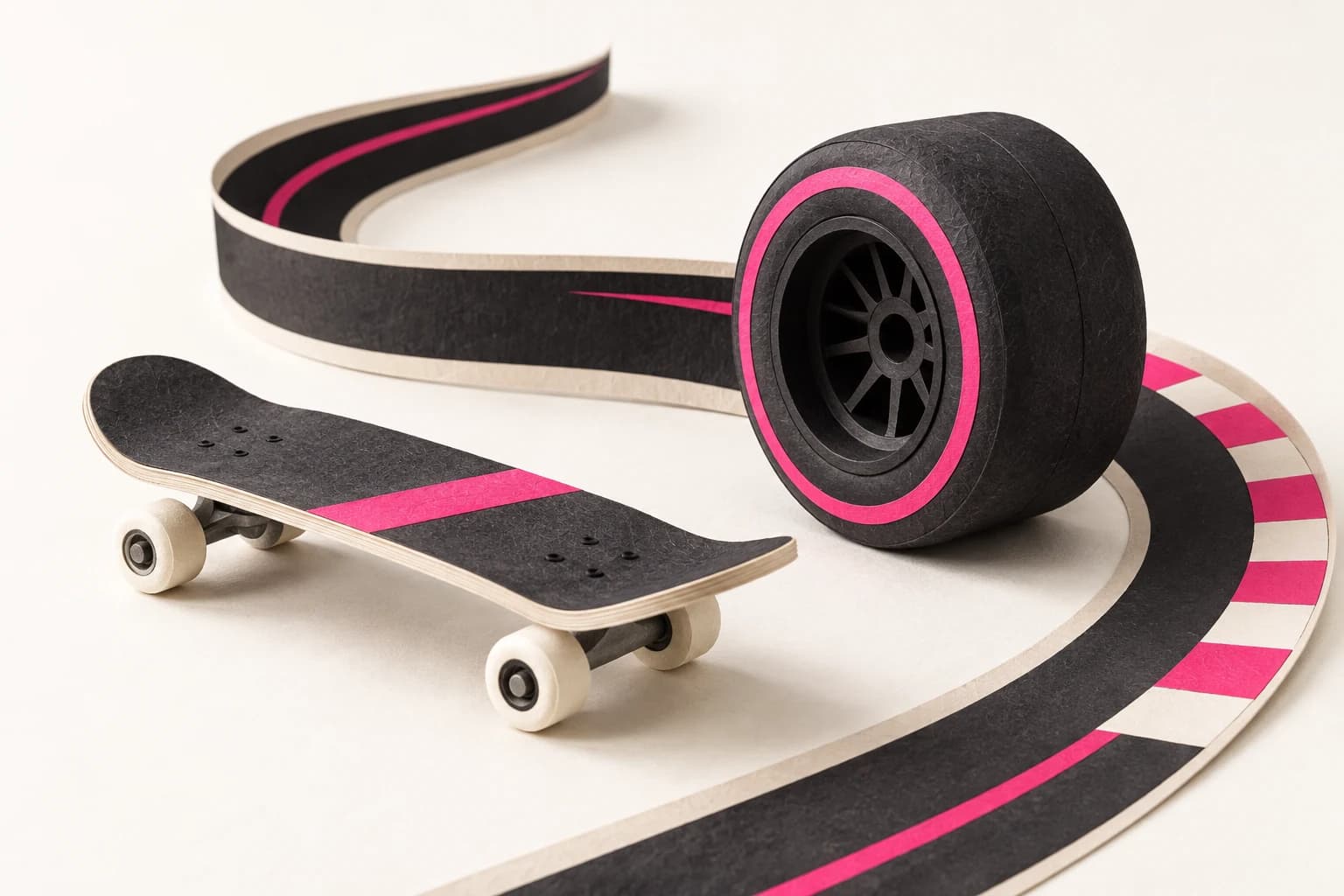 A paper skateboard and large racing tire sit beside a curved track strip.