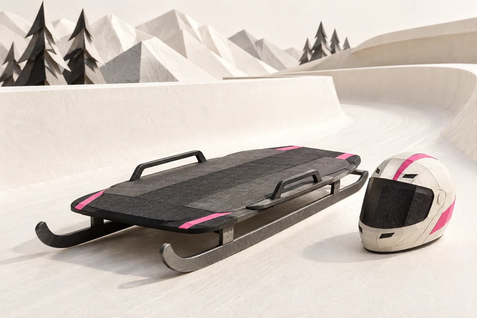 A miniature paper skeleton racing sled and helmet sit beside a curved ice-track strip.