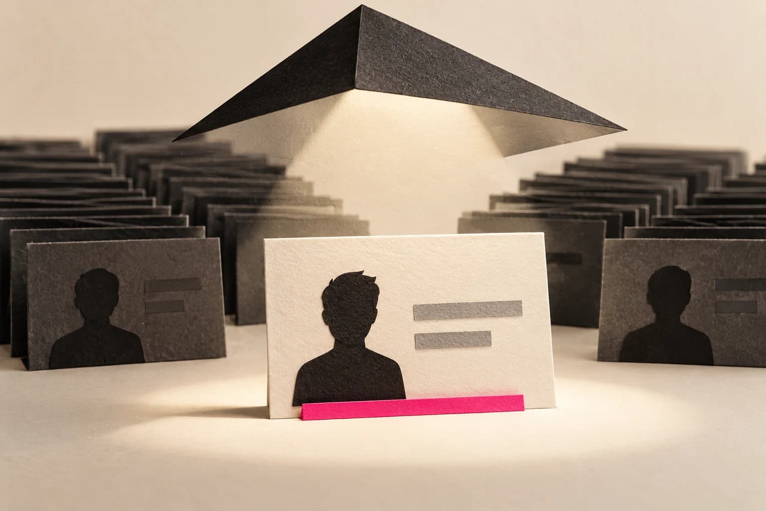 A small profile card highlighted in front of a crowded paper archive.