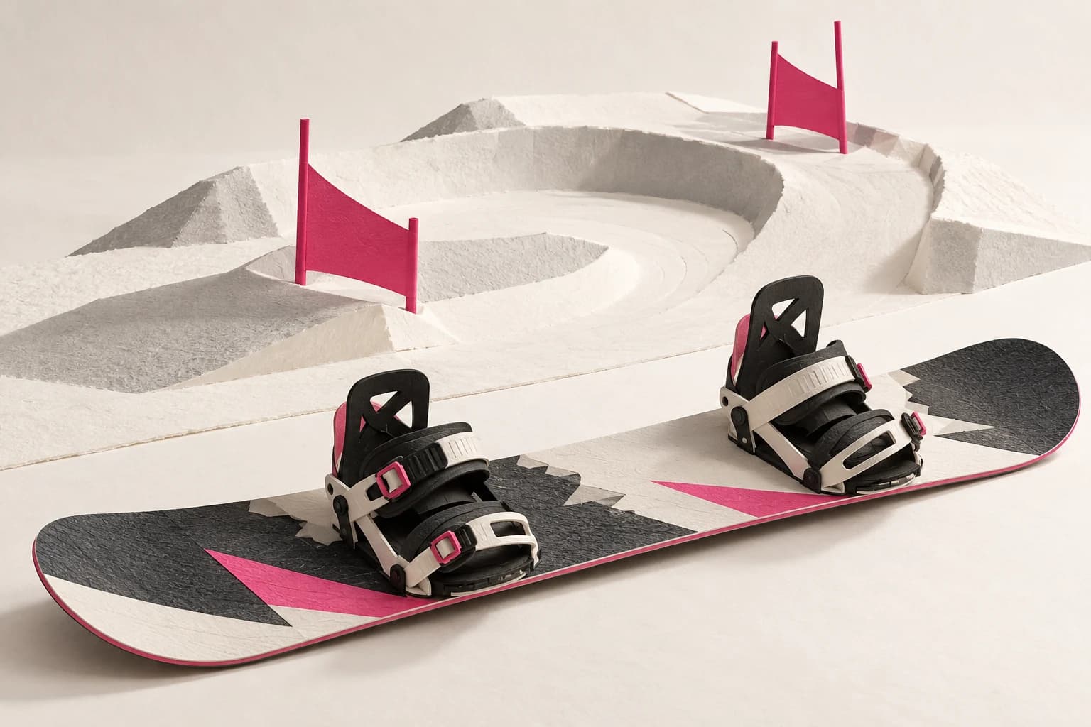 A paper snowboard with two bindings lies beside banked snow-course curves and simple gates.