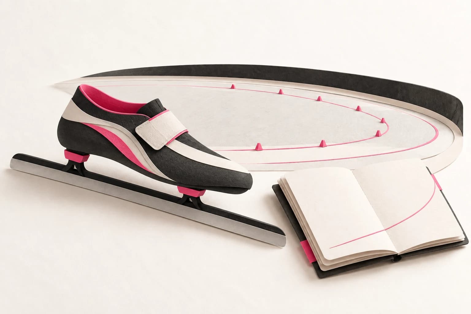 A low-cut paper speed skate sits beside an oval rink and an open notebook.