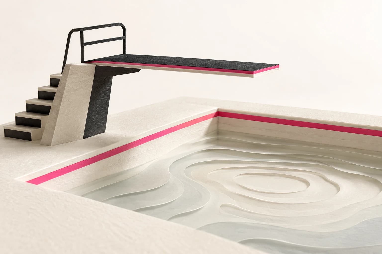 A paper diving board extends over a recessed pool with layered ripples.