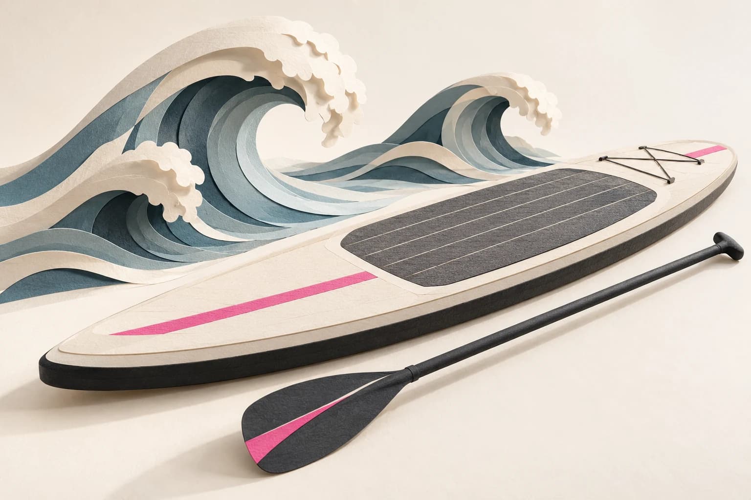 A paper stand-up paddleboard and long single-blade paddle lie beside layered wave shapes.