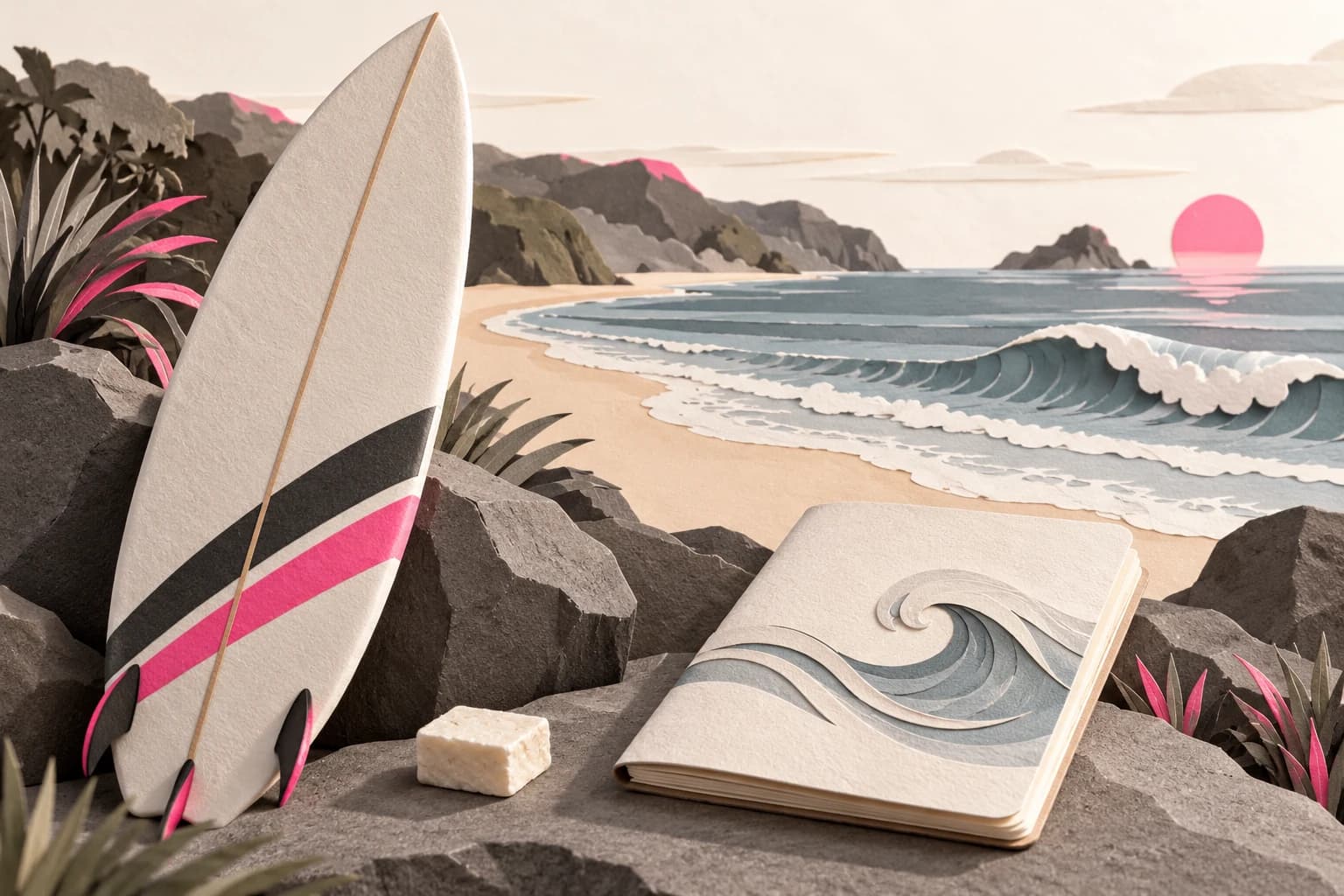 A paper surfboard, curled wave and blank travel notebook form a coastal sport still life.