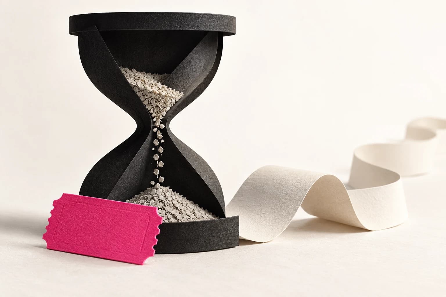 A short pink perforated ticket beside a paper hourglass and a longer cream subscription strip.