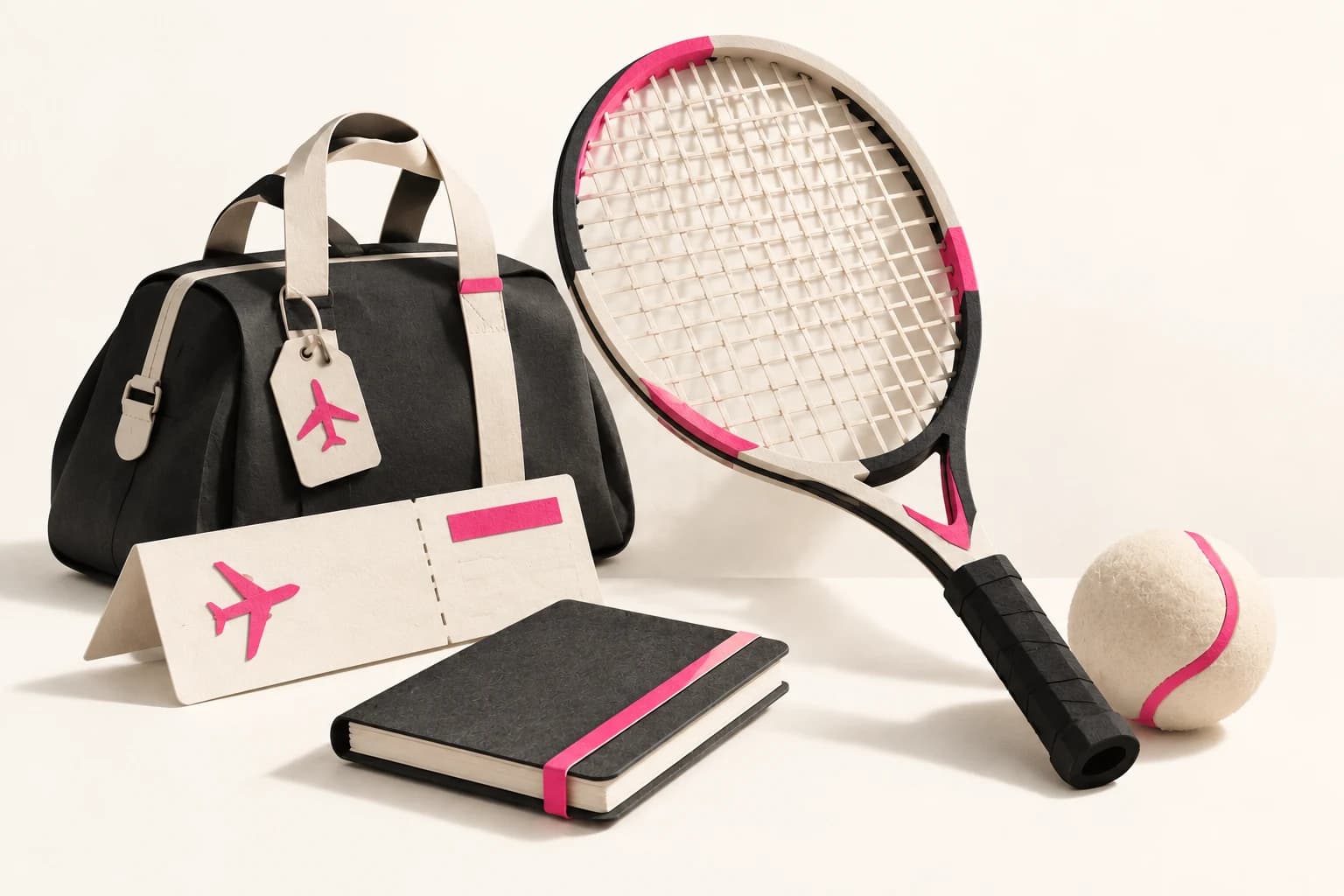 A paper tennis racket and ball sit with a travel bag, blank ticket and notebook.