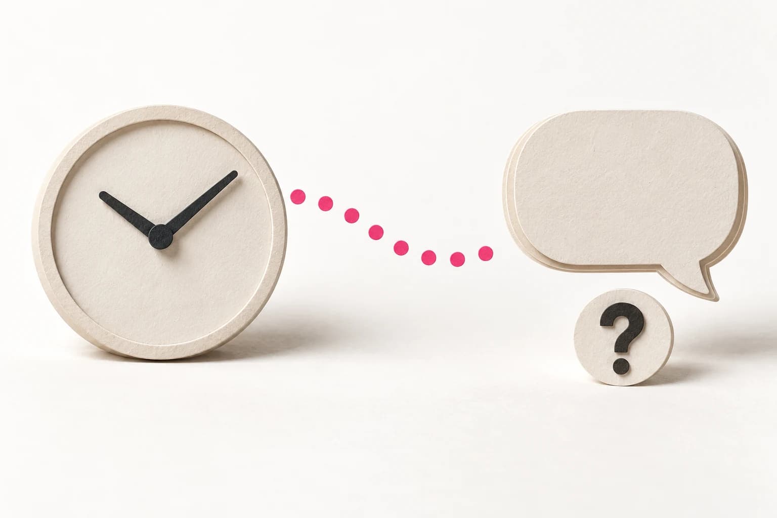 A paper clock and a speech bubble remain separated by an incomplete path.