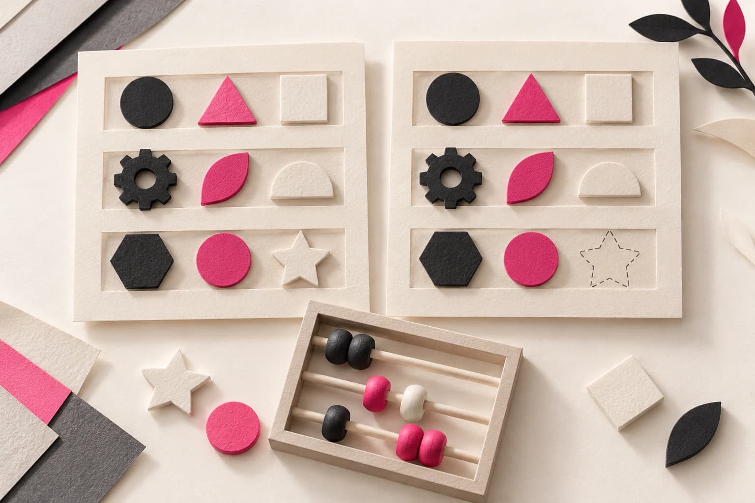 Paper cost components are gathered onto two comparison sheets beside a simple abacus.