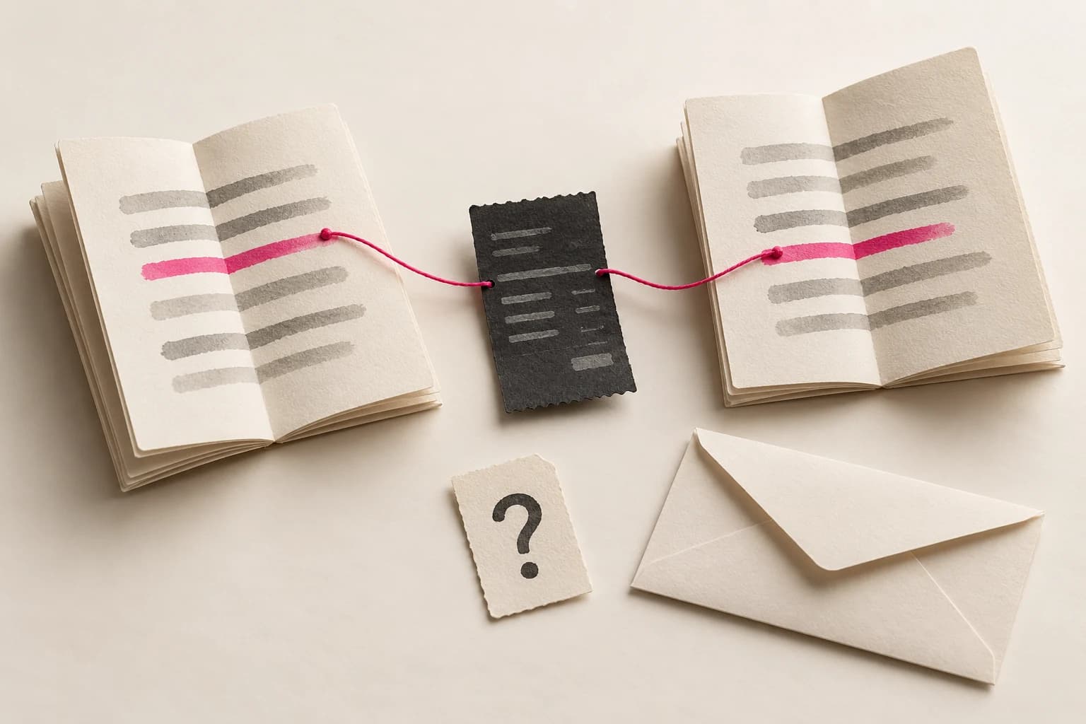 Two paper reference documents surround a transaction slip and an unresolved question tab.