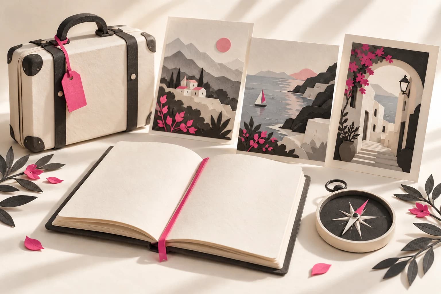 A paper suitcase, compass and blank travel journal sit beside layered landscape cards.